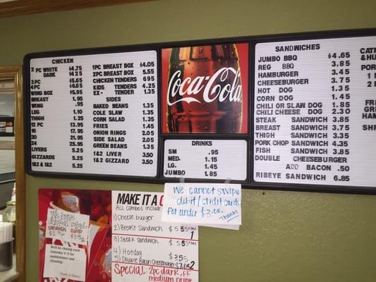 Menu.  3 piece Chicken is $4.25 for dark and $4.75 for white.   Worth the drive here.