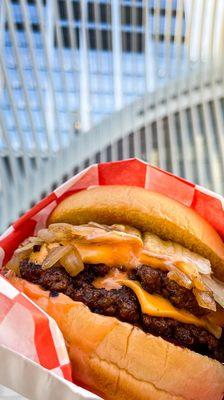 Double Plated Burger: two beef patties, American Cheese, Tomato, Fried onions, and secret sauce on a potato roll, $13 + tax + tip