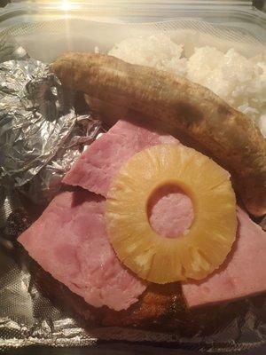 Banana, rice, palusami, chicken, ham, and pork chop.