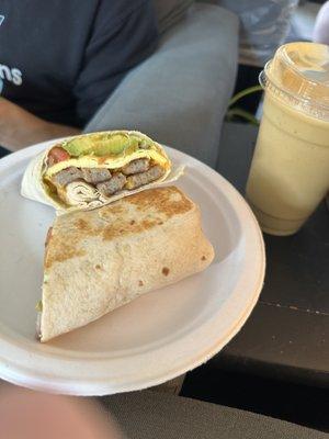 Sausage Egg and Cheese Burrito W/ Rise and Shine Smoothie