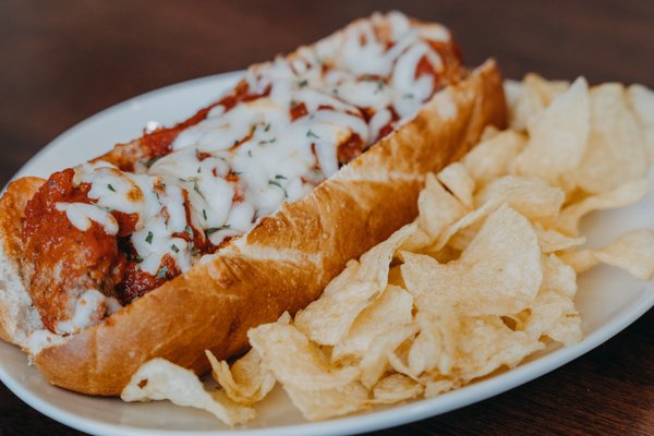 Meatball Parm Sub served with chips or french fries!