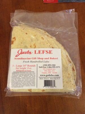 Package of lefse. Three large 14" rounds. Yum!