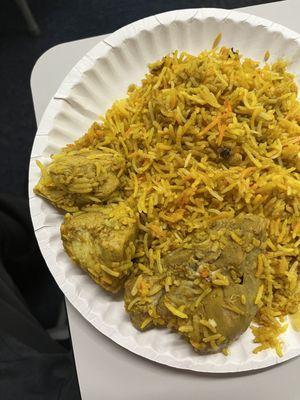 Chicken biryani with 3 pieces of chicken. One medium size two small. Very little