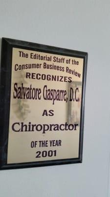 Dr. Salvatore Gasparre B.s.,D.C. voted "Chiropractor of the year" by Consumer Business review.