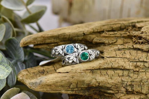 Blooming Trillium Birthstone Rings with March Aquamarine and May Emerald