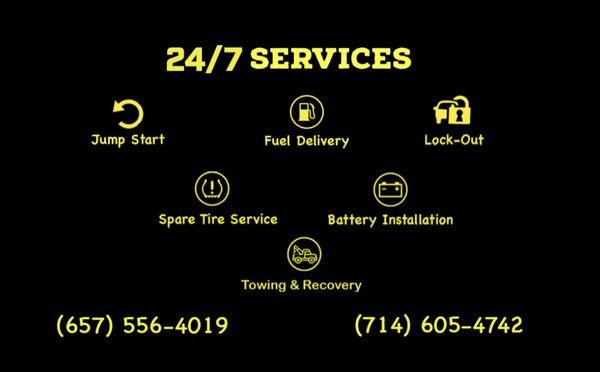 #BrosRoadsideLLC #24SevenServices #JumpStarts #FuelDeliveries #LockOuts #SpareTireServices #BatteryInstallations #TowingAndRecovery