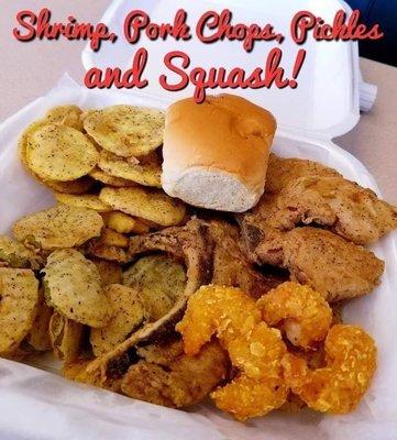 Shrimp, Pork Chops, Fried Squash and Fried Pickles