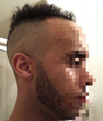 This is what I received; uneven beard line, no fade or blending whatsoever. Very bad haircut by Junie.