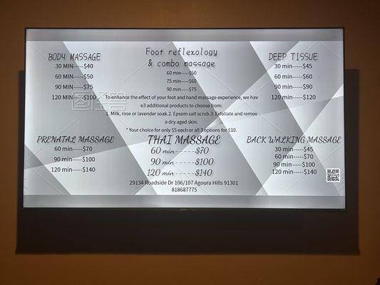 Menu of services with prices as of 11/3/23