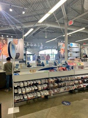 Plexiglass barriers at the cash register.