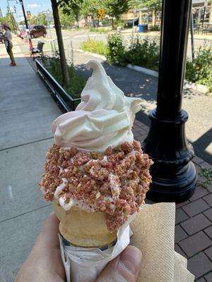 Strawberry and vanilla twist soft serve with rose strawberry shortcake crumble