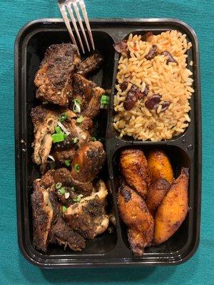 Jerk Chicken (select 2 sides), Rice and Peas, Plantains