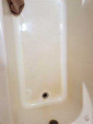 Stained tub, also, there is mildew on the shower head.