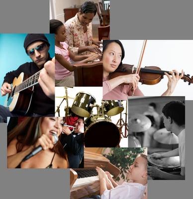 Piano Lessons, Guitar Lessons, Violin Lessons, Drum Lessons, Voice & Singing Lessons, Flute Lessons, and MORE!