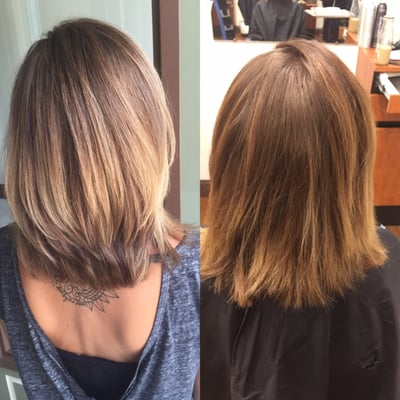 Left is after  hair color and treatment and right is before with Mike as my stylist