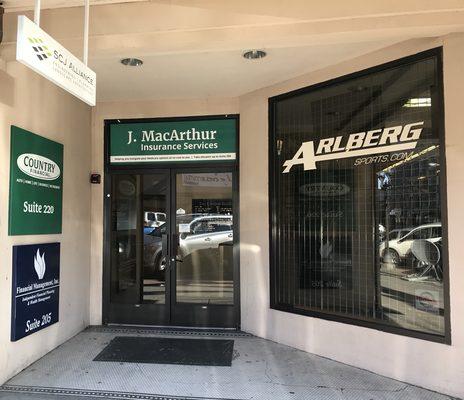 J. MacArthur Insurance Services doors located next to Arlberg Sports. Take elevator to Suite 208.