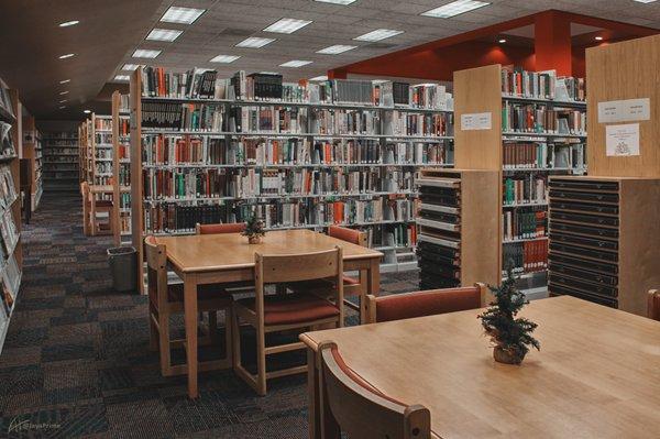 Study area with more outlets, as well as full library shelves.