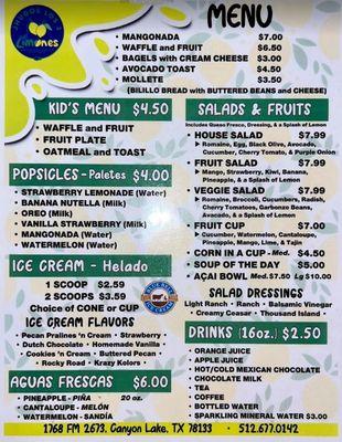 Menu: kid's items, popsicles, ice cream, salads & fruit, drinks & agua frescas, breakfast items