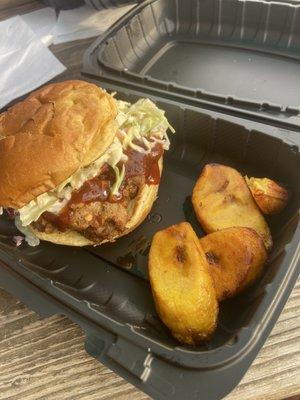 Jerk chicken sandwich with plantains