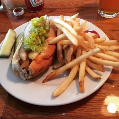 Chicago hotdog with fries