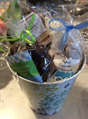 gift baskets and buckets filled with treats