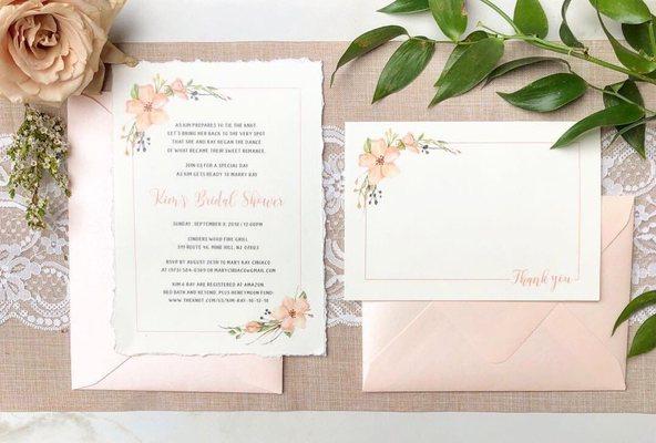 Custom wedding stationery - blush floral bridal shower invitation with matching thank you card