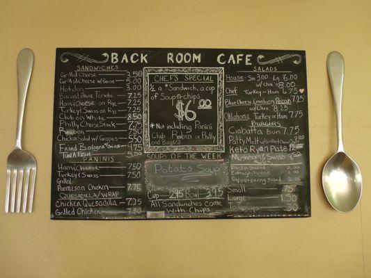 Back Room Cafe menu.