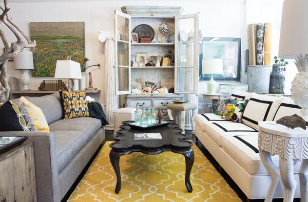 Love this scrolled coffee table as well as the Hickory White sofa!  The yellow rug gives this the right pop!