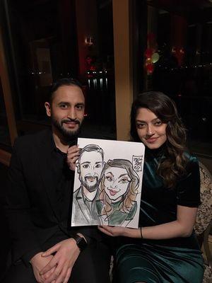 Couple caricature - December 2, 2016 - holiday party - Hs Lordships - Berkeley. Limited color.