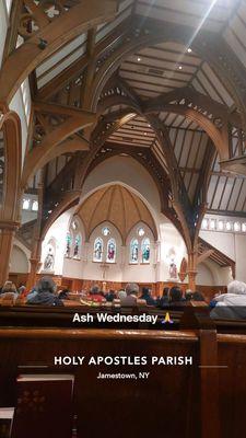 Ash Wednesday mass had well over 130 people.  I showed up at 11:45 for 12:10 mass and parked 4 blocks away.