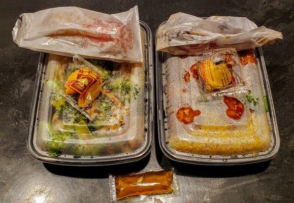 Chicken broccoli & sesame chicken combo.  Small takeout containers.