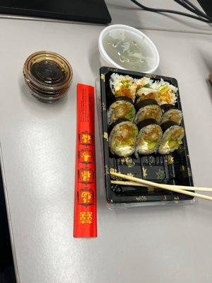 Shrimp Tempura Roll, , Miso Soup and Soy Sauce!