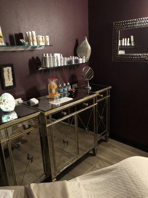 Refreshment area as well as both Skin Script and Skin Fitness products for your continued home care