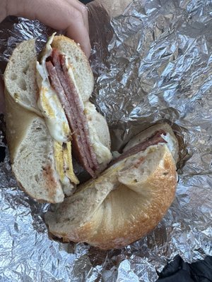 Pork roll Egg and Cheese Sandwich on cheddar jalapeno bagel