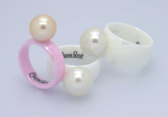 Gem Ceramic and cultured pearl rings by Etienne Perret