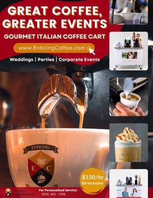 Enticing Coffee coffee cart flyer for panther magazine; weddings, parties, corporate events