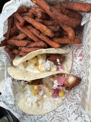 Coco Loco shrimp taco special with sweet potato fries