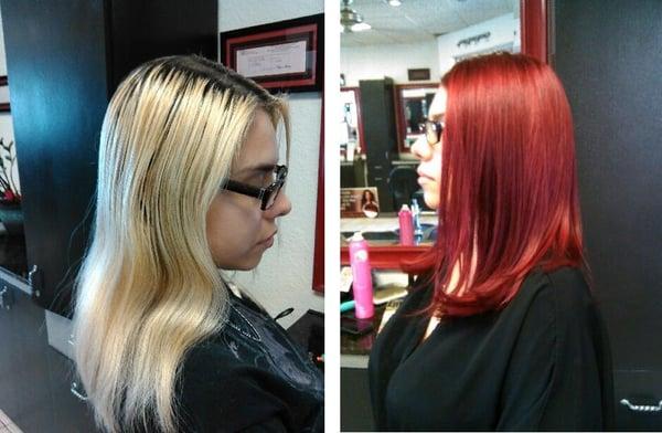 Stunning dramatic before and after allover color and haircut by Gina!