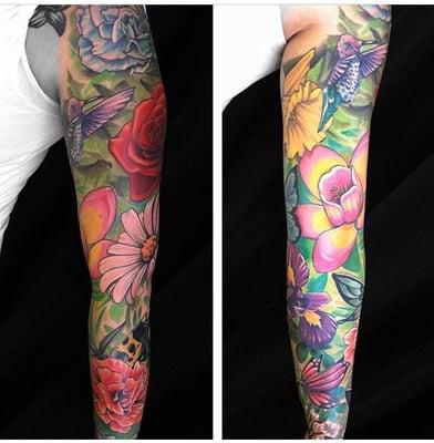 Full flower sleeve done by Chris Holbert
Number to make an appointment: (760) 948-1420