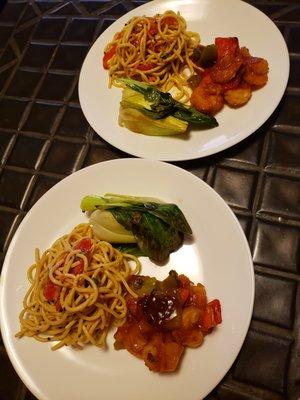 Sweet and Sour Shrimp with Asian Noodle Salad and Sauteed Bok Choy