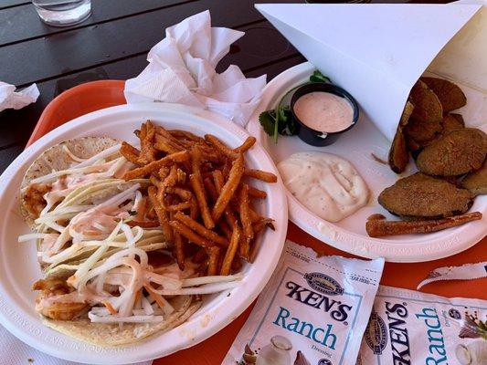 Fish tacos and fries and fried pickles