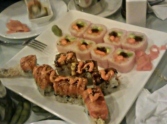 (from closest to furthest back on the plate) M16 roll, Black Dragon roll, & Pink Lady roll... Delicious!!