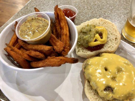 Simple cheeseburger with sweet potato fries.