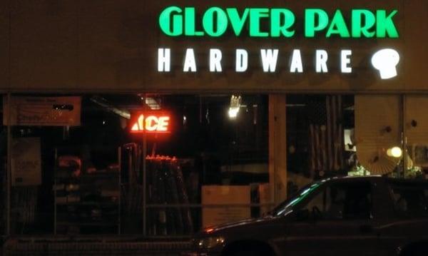 Glover Park Hardware at night fall.