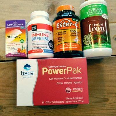 Power pack trace minerals new chapter Omega 7 vibrant health immune Defense Ester-C buried treasure liquid iron