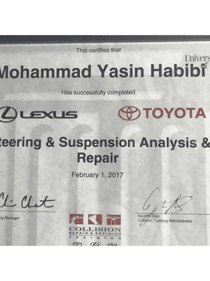 Completed Toyota repair courses