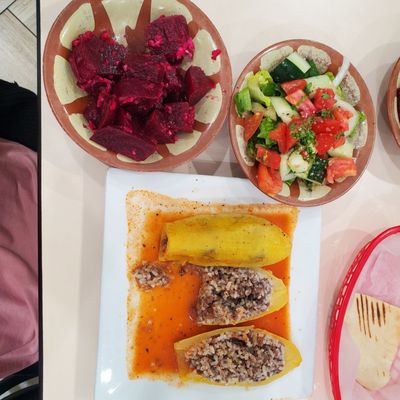 Stuffed squash, chunky salad and fresh roasted beets.