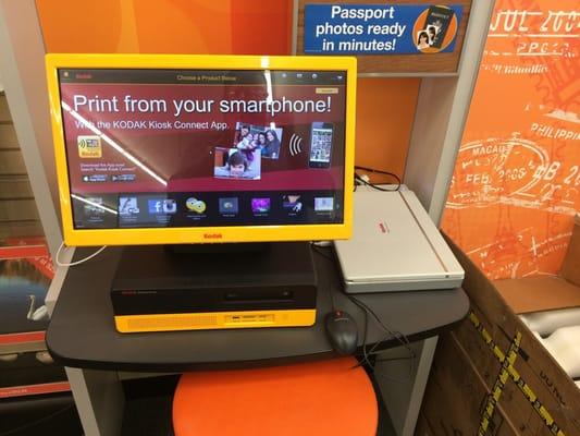 Print via WIFI with your Android or iOS device using the Kodak Kiosk Connect app.  Or log into Facebook and print from in-store!