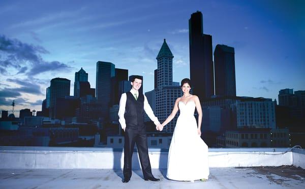 Seattle skyline from the rooftop.  Bob will let you up there with just bride and groom and photographer, no wedding party. (c) N