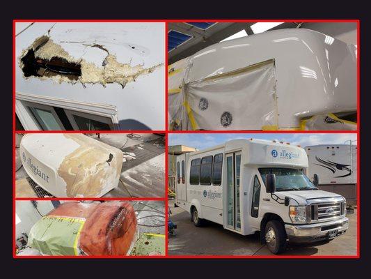 Commercial Shuttle bus collision repair after a tree fell on it.